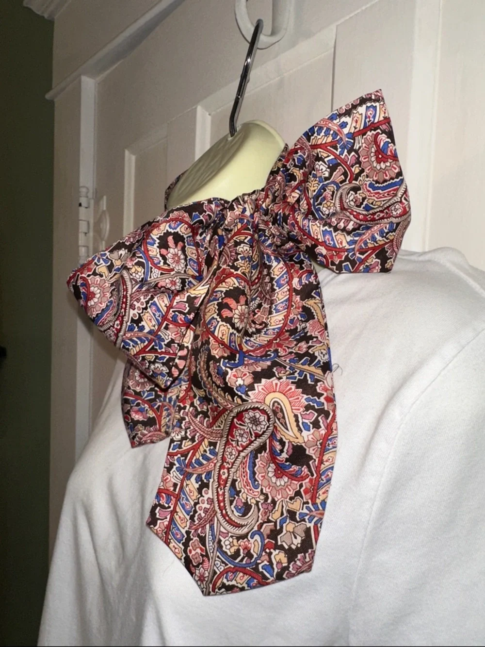 Vtg Handmade Blue, Gold & Red Paisley Bow Neck Polyester Scarf, Sash or Belt